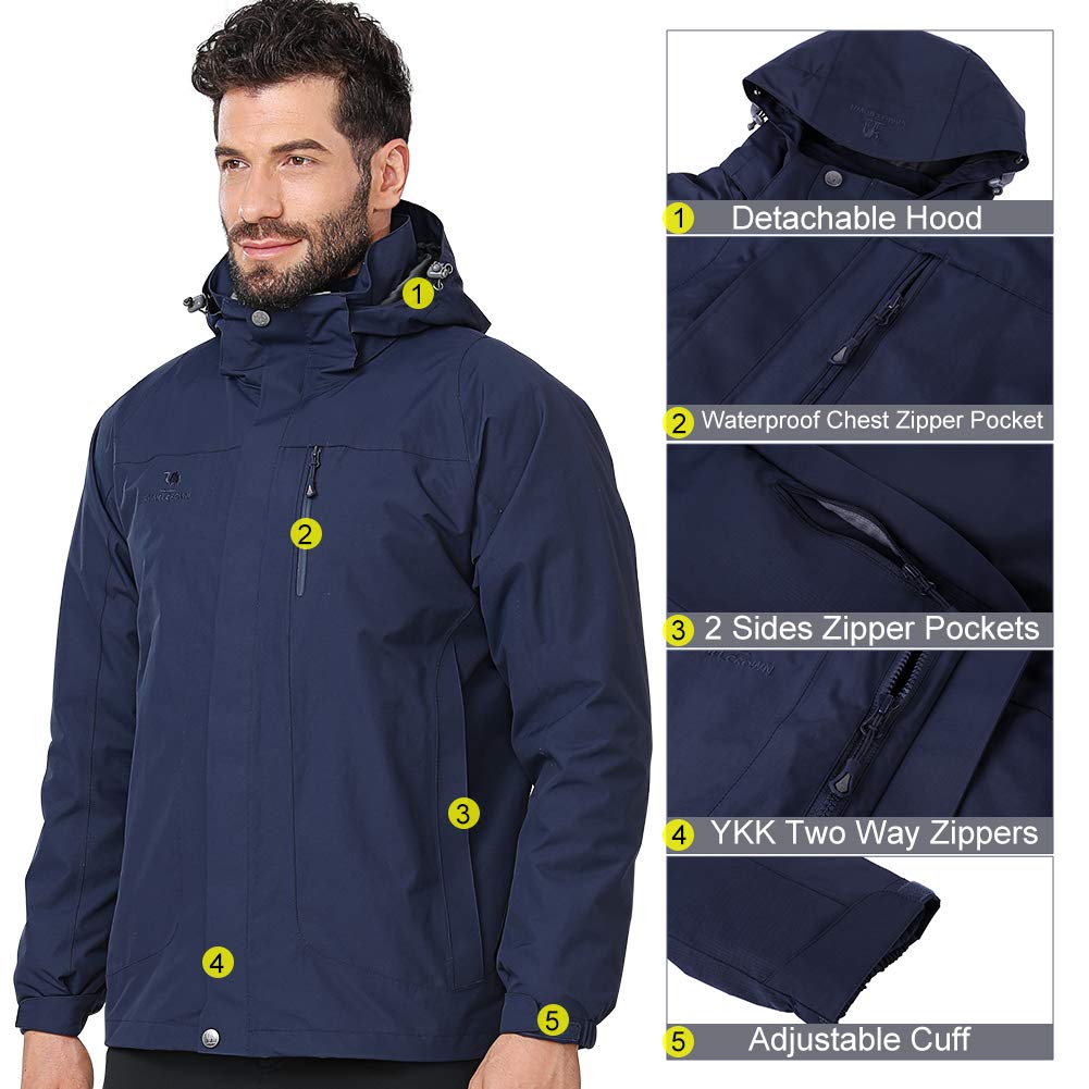 CAMEL CROWN Men’s Ski Jacket 3 in 1 Waterproof Winter Jacket Snow Jacket Windproof Hooded with Inner Warm Fleece Coat Dark Blue