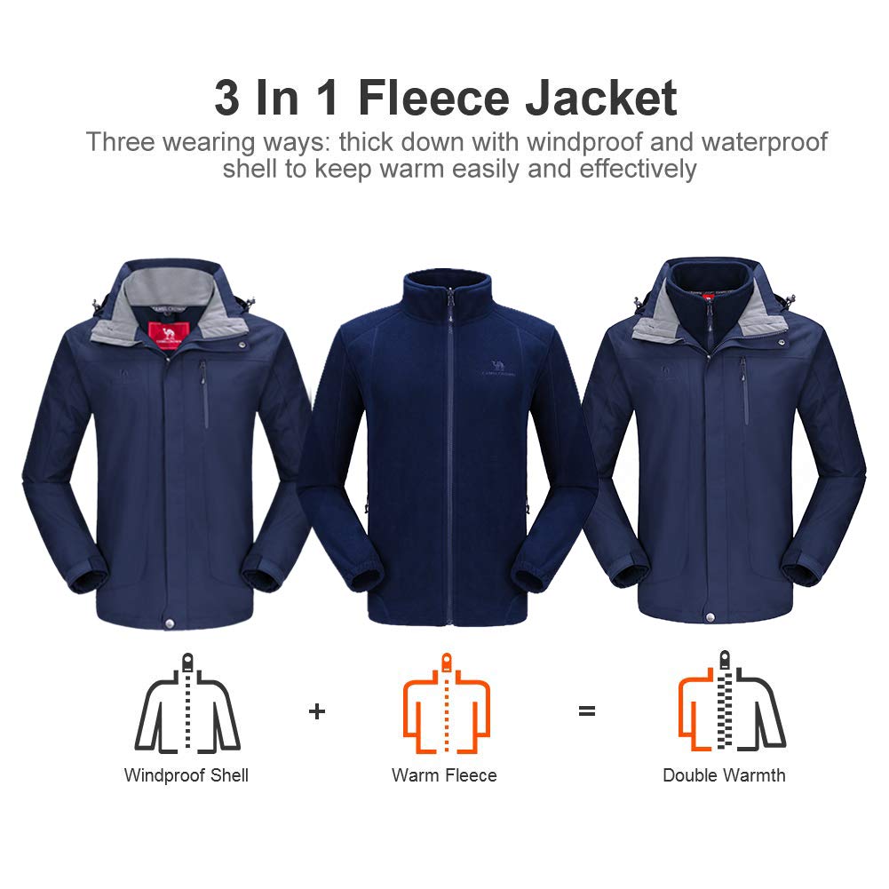 CAMEL CROWN Men’s Ski Jacket 3 in 1 Waterproof Winter Jacket Snow Jacket Windproof Hooded with Inner Warm Fleece Coat Dark Blue