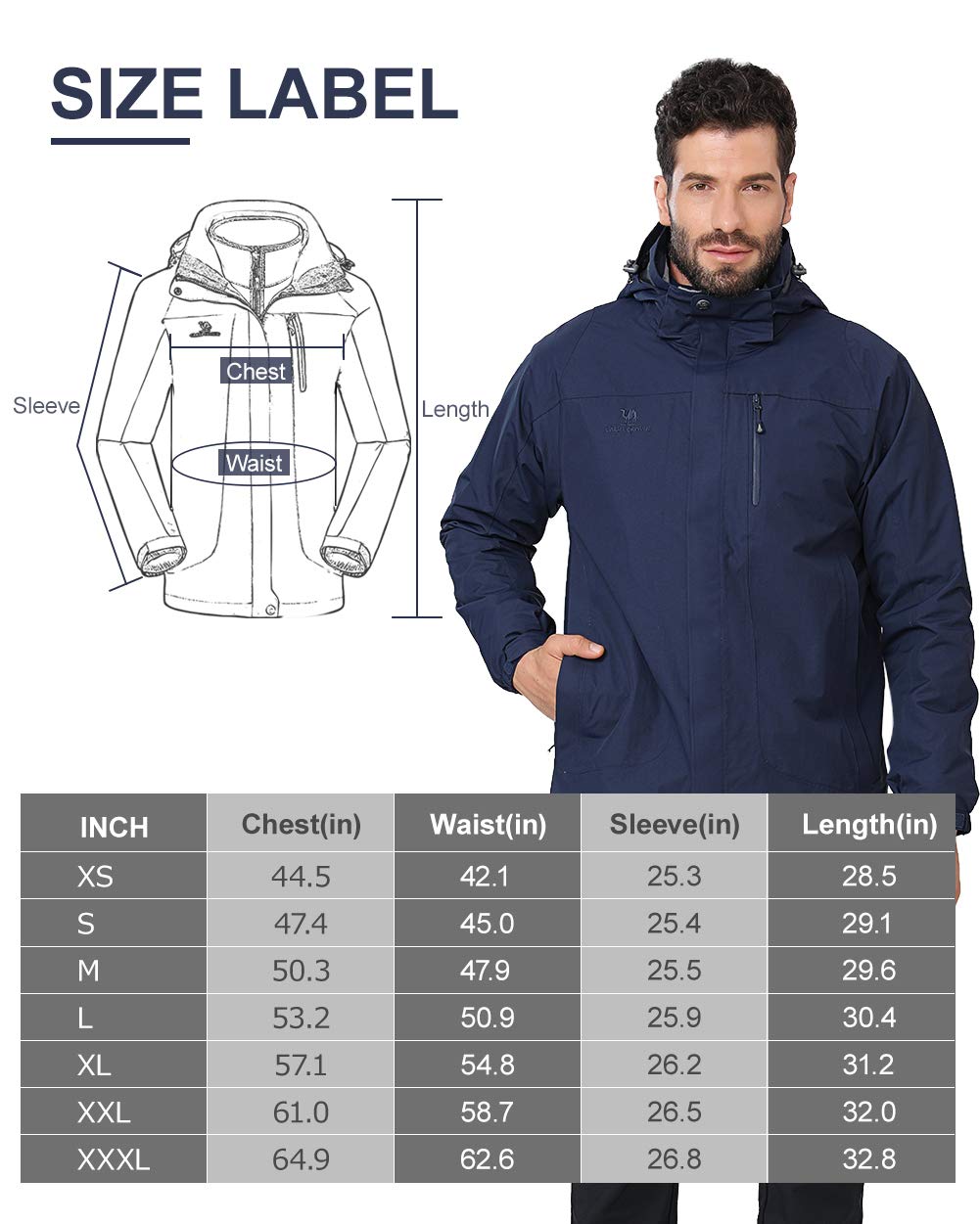 CAMEL CROWN Men’s Ski Jacket 3 in 1 Waterproof Winter Jacket Snow Jacket Windproof Hooded with Inner Warm Fleece Coat Dark Blue