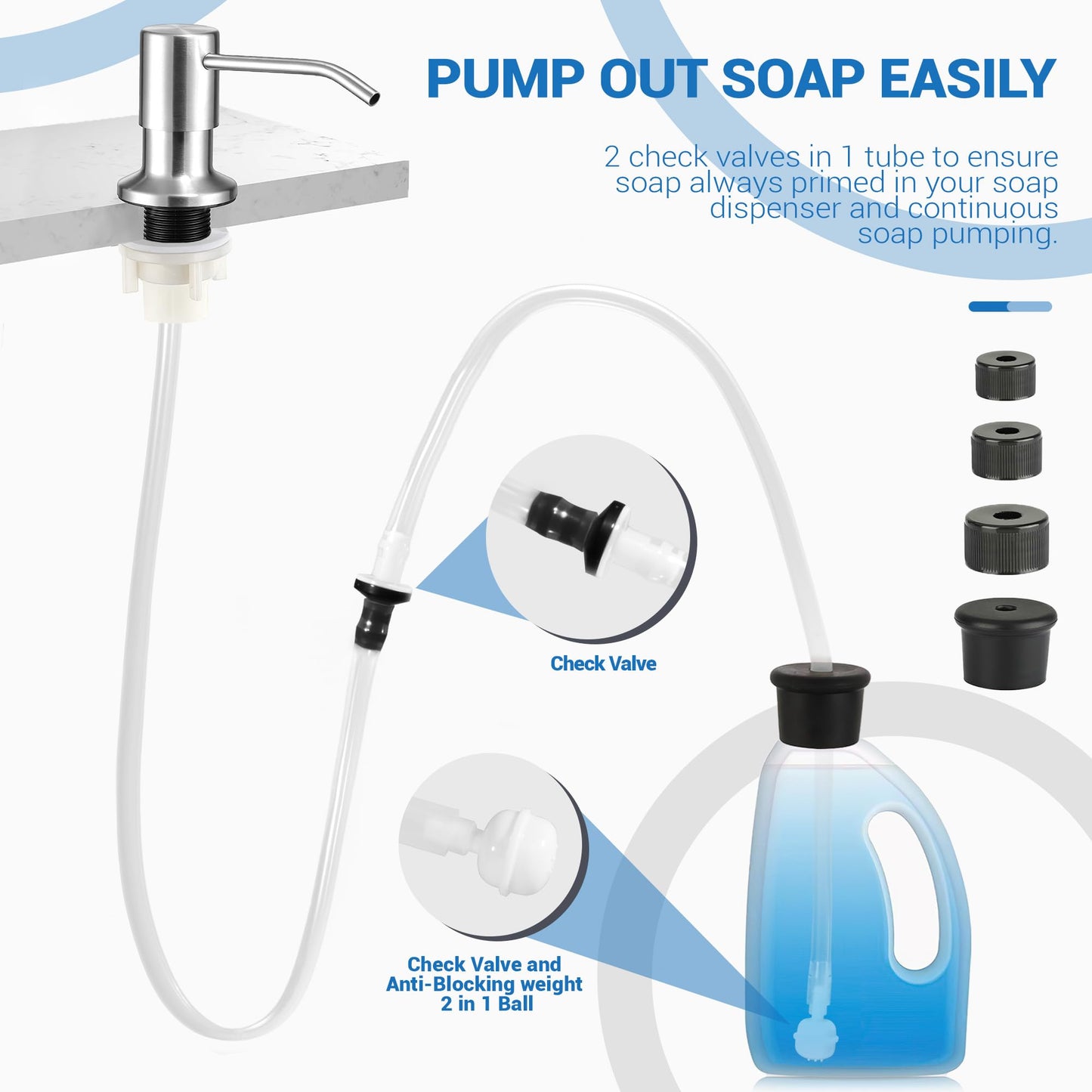 Sink Soap Dispenser Tube Kit, 47” with Upgraded Check Valve, Never Fill The Little Bottle Again (White-1pcs)