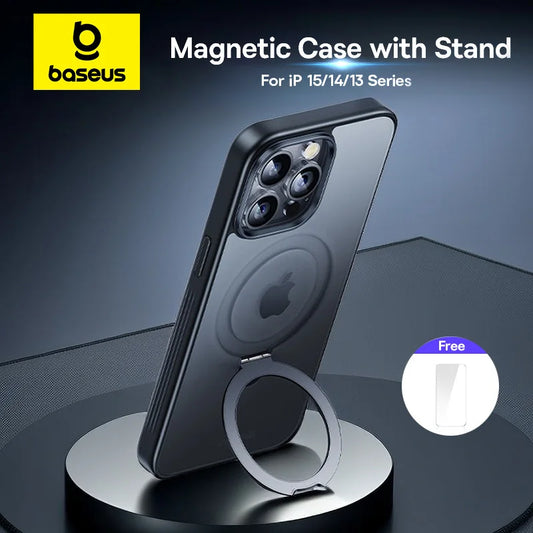 Baseus Magnetic Stand Case for iPhone 16 15 14 13 Pro Max Plus Case 180° Adjustable Kickstand Ring Cover Magnetic Charging Case