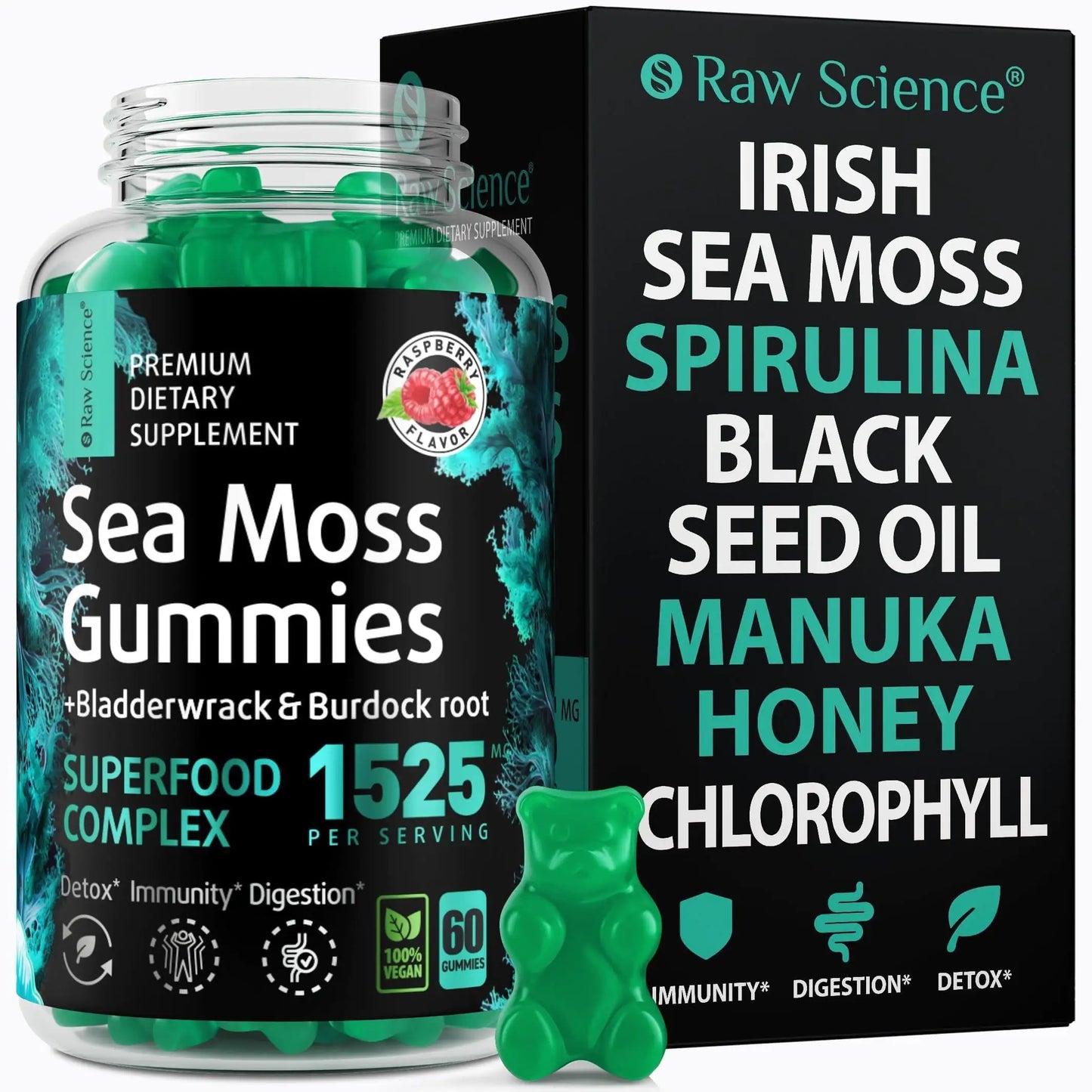 Irish Sea Moss Gummies 60 Gummies Detox & Thyroid Support for Women & Men Black